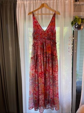 Free People Red Pink Floral Maxi Dress
